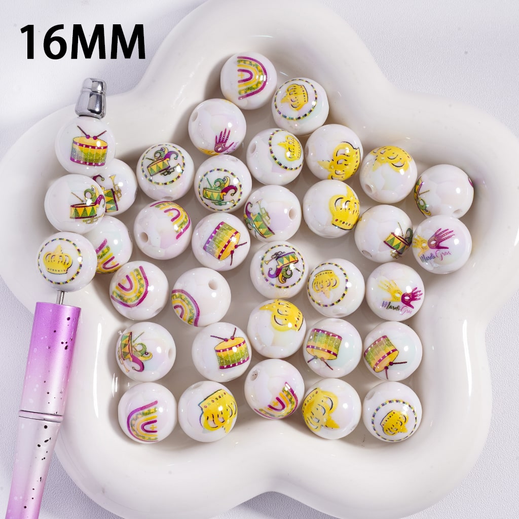 UV Coating with Crown and Musical Instruments Prints Mardi Gras White Round Acrylic Beads for Bracelet 16MM Random Mix