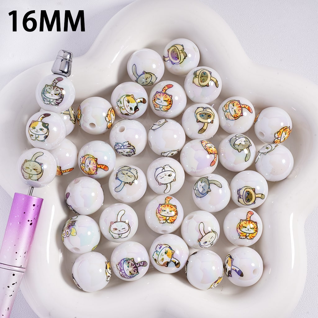 UV Coated Multi-Color Plump Cat Series Prints White Round Acrylic Beads 16MM Random Mix