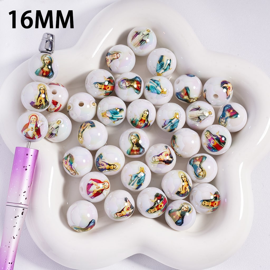 UV Coated Christianity Mary Series Prints White Round Acrylic Beads 16MM Random Mix