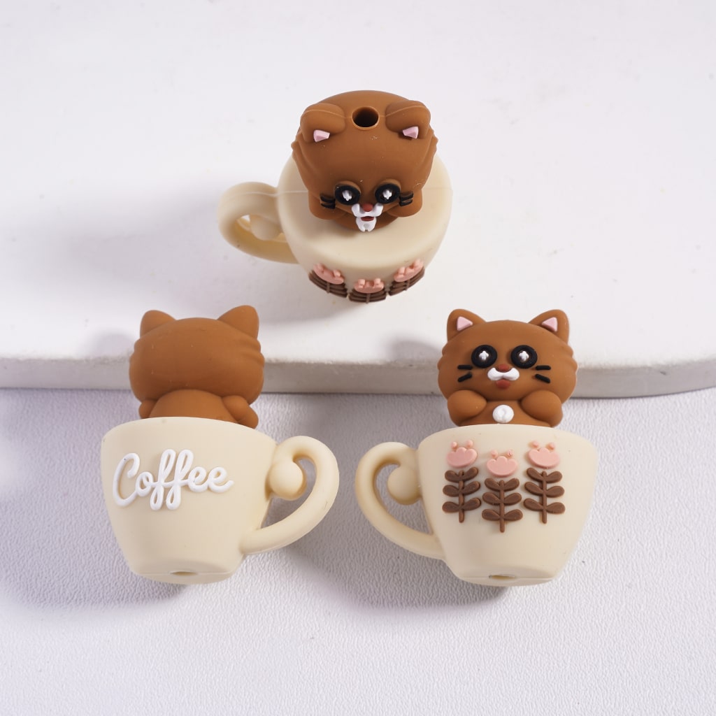 3D Cute Lovely Animal Owl & Cat on Coffee Cup Silicone Focal Beads