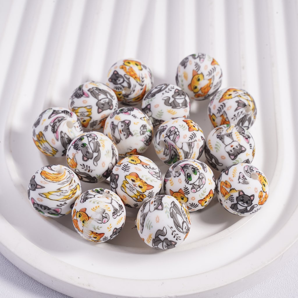 Soft Round with Cat & Leaf Print Printed Silicone Focal Beads 15MM