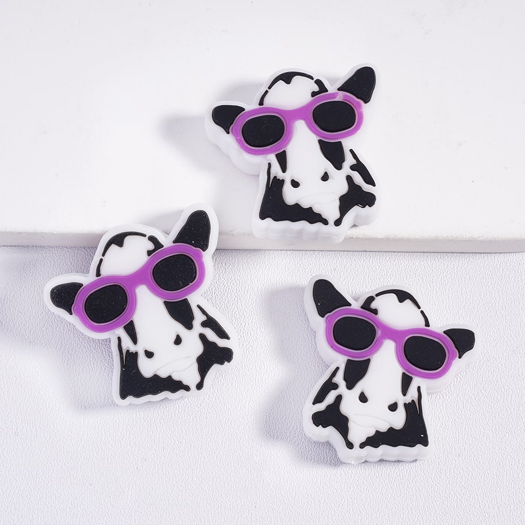 Cute White And Black Cow Wearing Purple Glasses Silicone Focal Beads