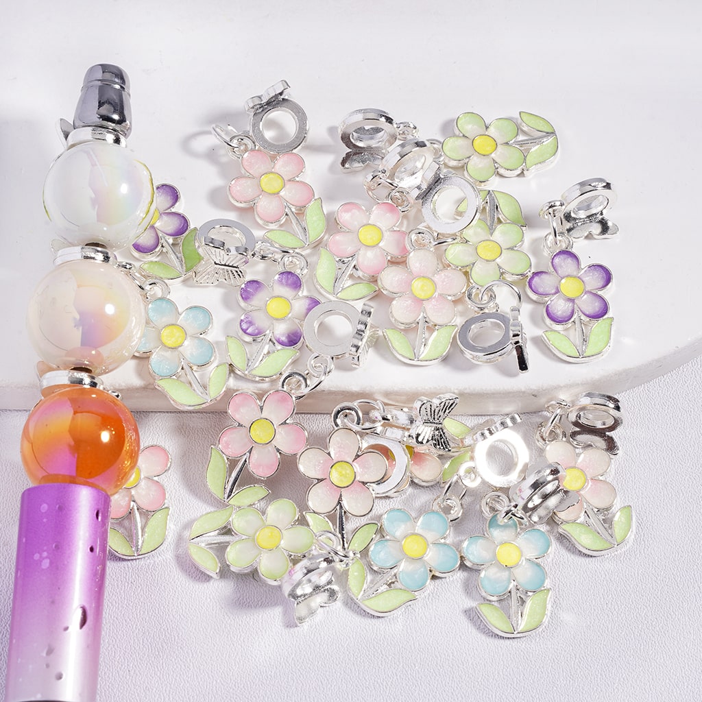 Silver Butterfly Bail Beads with Multi-Color Glitter Flower Charms Random Mix
