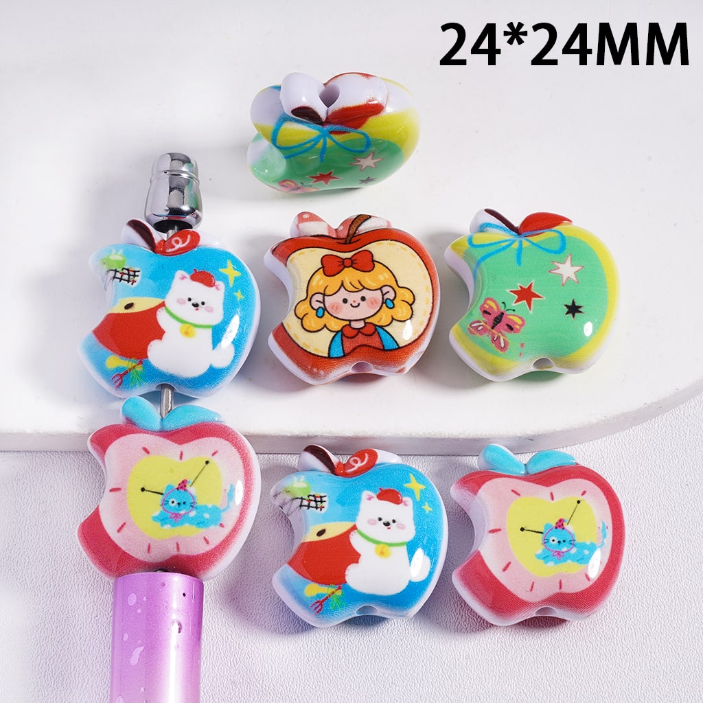 Girl Cat Bear Butterfly Patterns Print, Apple Shape Acrylic Beads 24*24MM, Random Mix