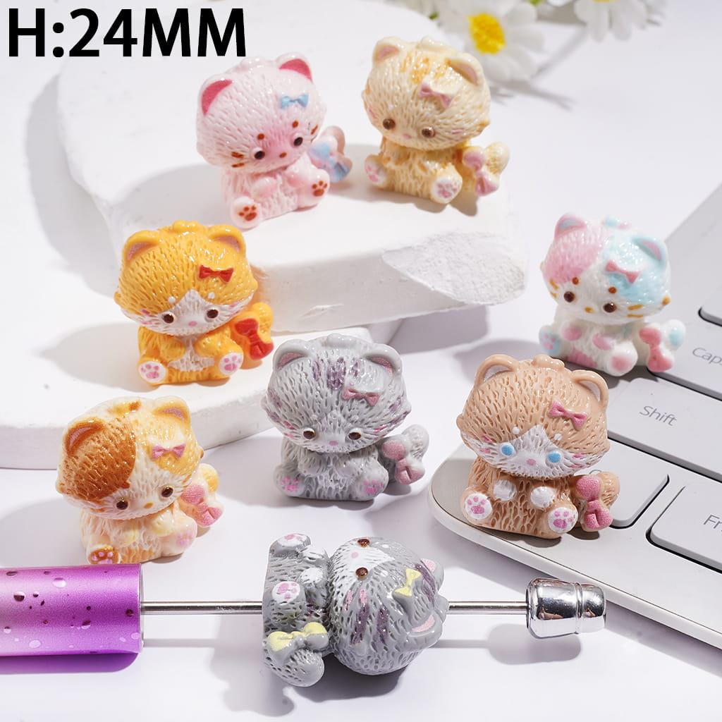 Acrylic Beads for Pen Toppers Cute Kitten with Bow Design, Jewelry Accessories, Height 24MM, Multi-Color
