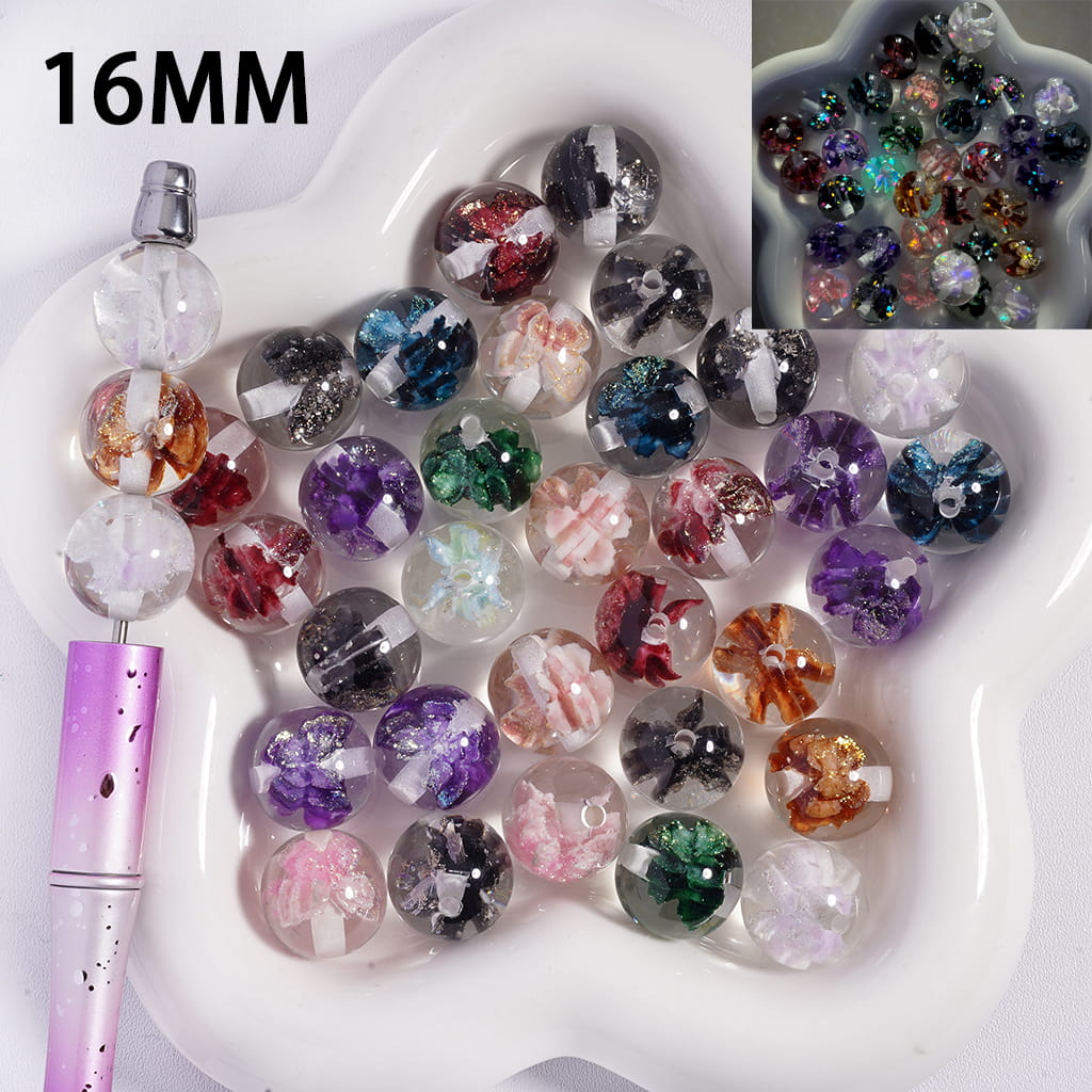 Luminous Butterfly Glitter Embedded Inside Bead, Double Sides Printrd Acrylic Beads 16 MM Random Mix