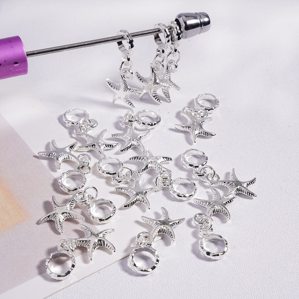Silver Metal Bail Beads with Wave‑Shaped Ring & Starfish Pendant Charm