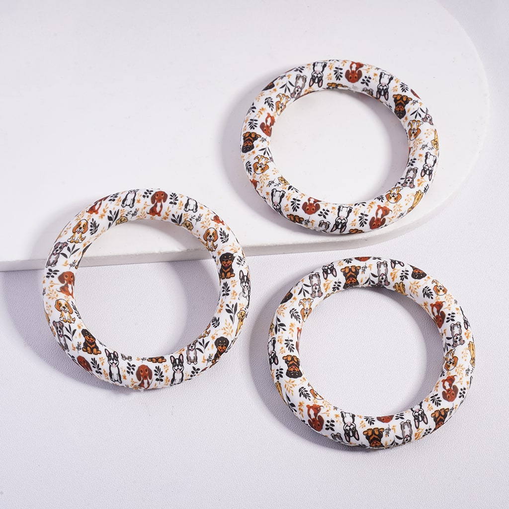 Soft Round Ring with Cute Dog & Leaf Branch Print Silicone Focal Beads 65mm