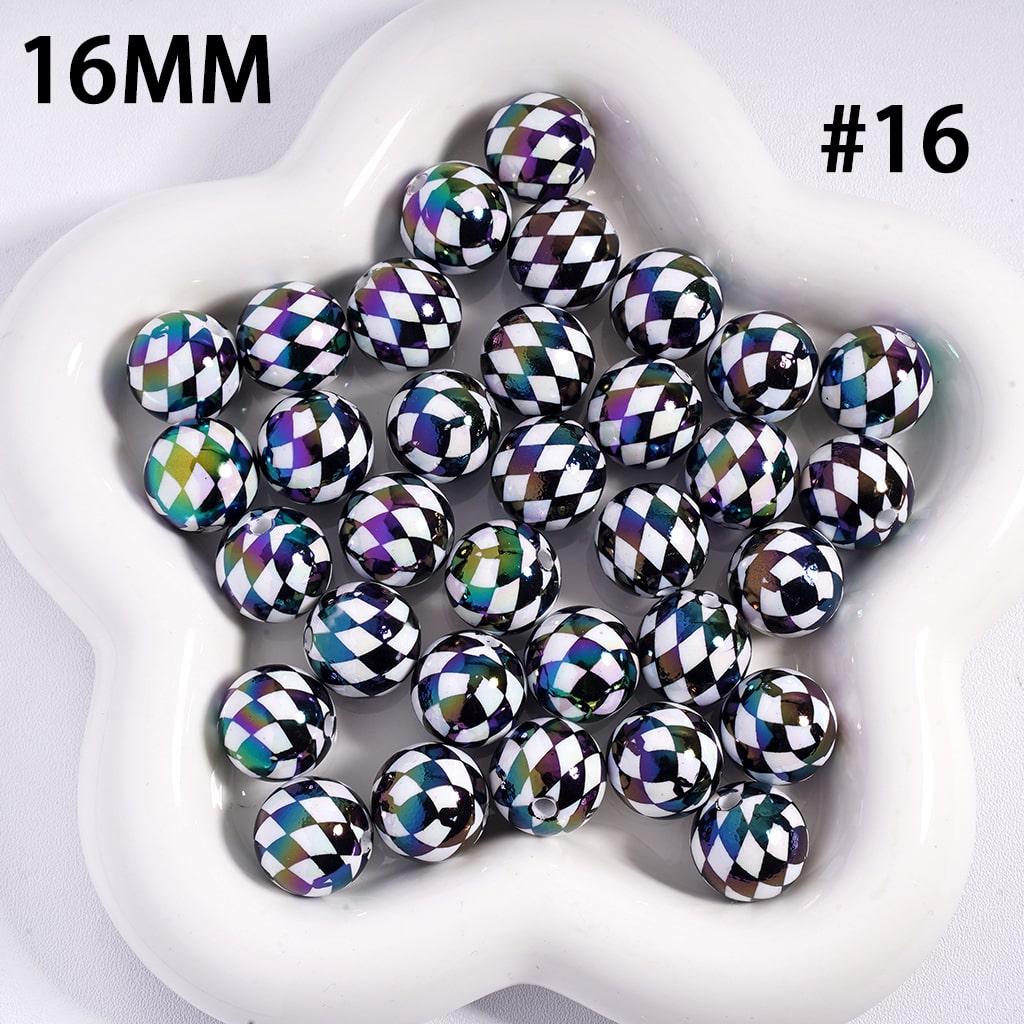 UV Coated Colorful Rhombus Checkered Pattern Round Shape Acrylic Beads 16mm