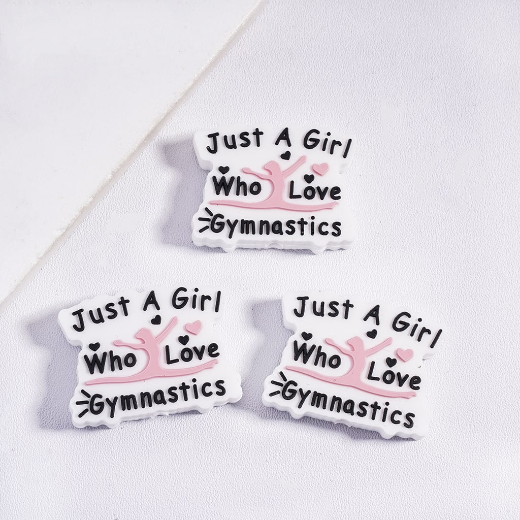 White Silicone Focal Beads with Black Text “Just A Girl Who Love Gymnastics” and Pink Heart Design