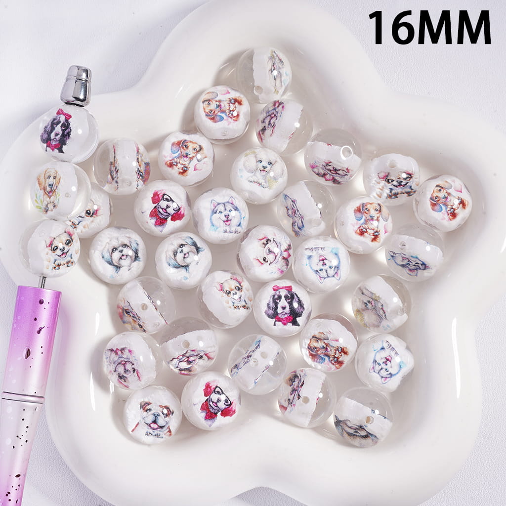 Cute Dog Design Double‑Sided Printed Embedded Inside Bead Translucent 16MM Acrylic Beads Random Mix