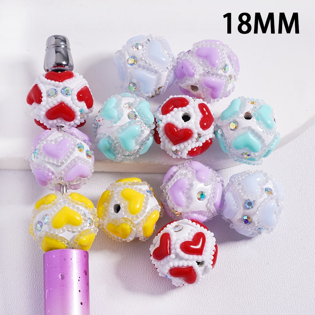 Multi‑Color Hearts & Small Polka Dot Chains with AB Rhinestones Round Shape Clay Beads 18MM Random Mix