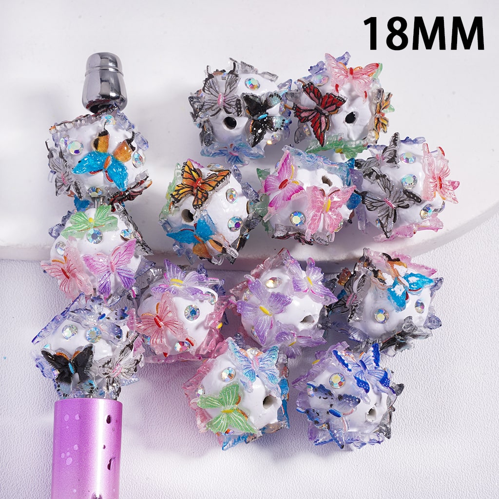 Colorful Butterflies with Glitter and AB Rhinestone, Round Shape Clay Beads 18MM, Random Mix