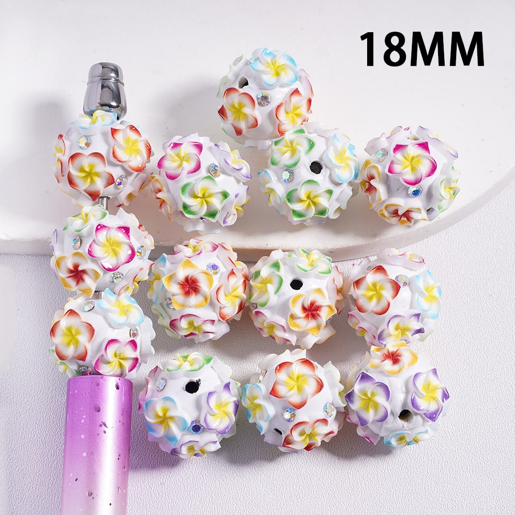 Colorful Cute Flower Design with Shiny AB Rhinestones Round Shape Clay Beads 18mm