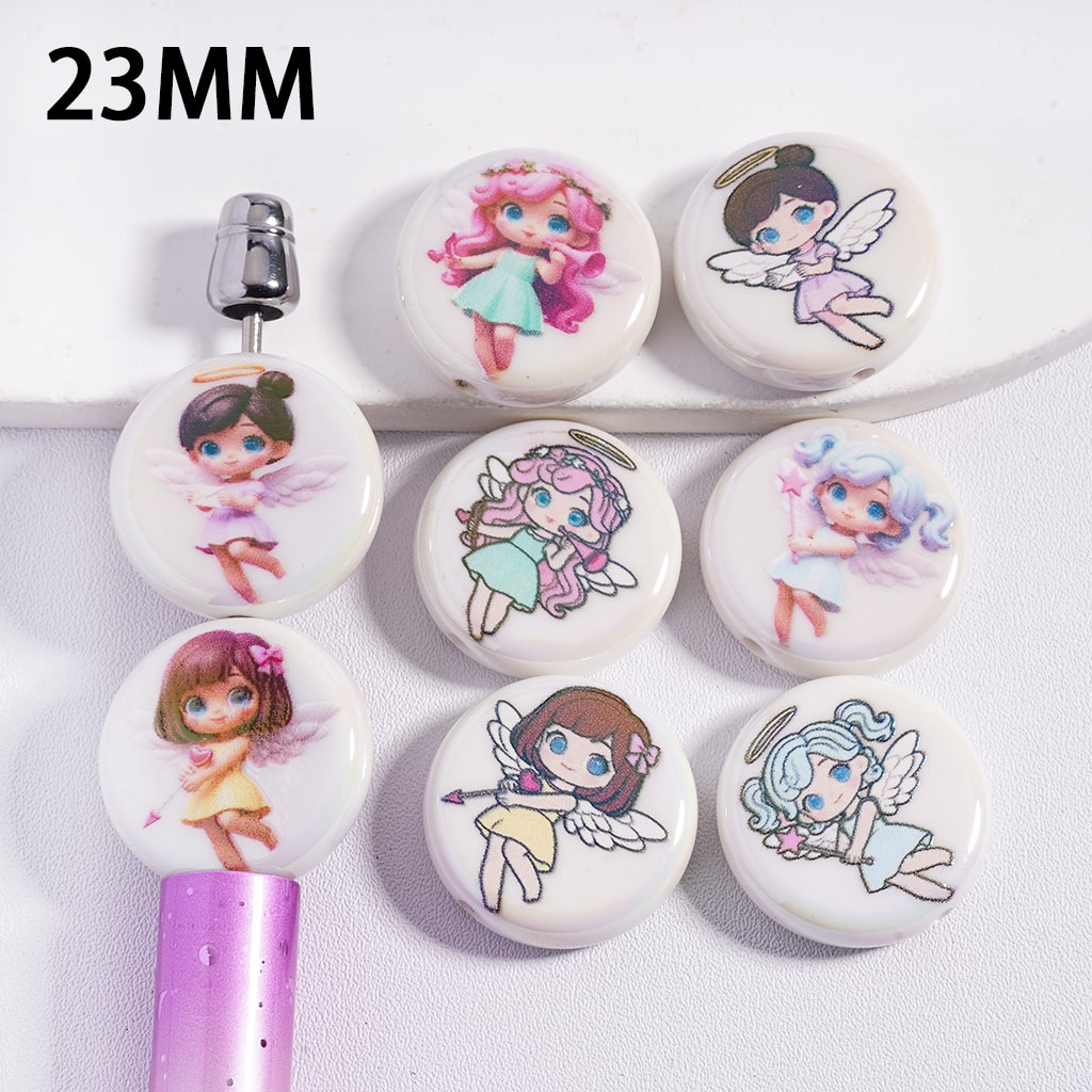 UV Coating Angel Baby Girl Character Series Print Flat Round Shape White Acrylic Beads 16mm Random Mix