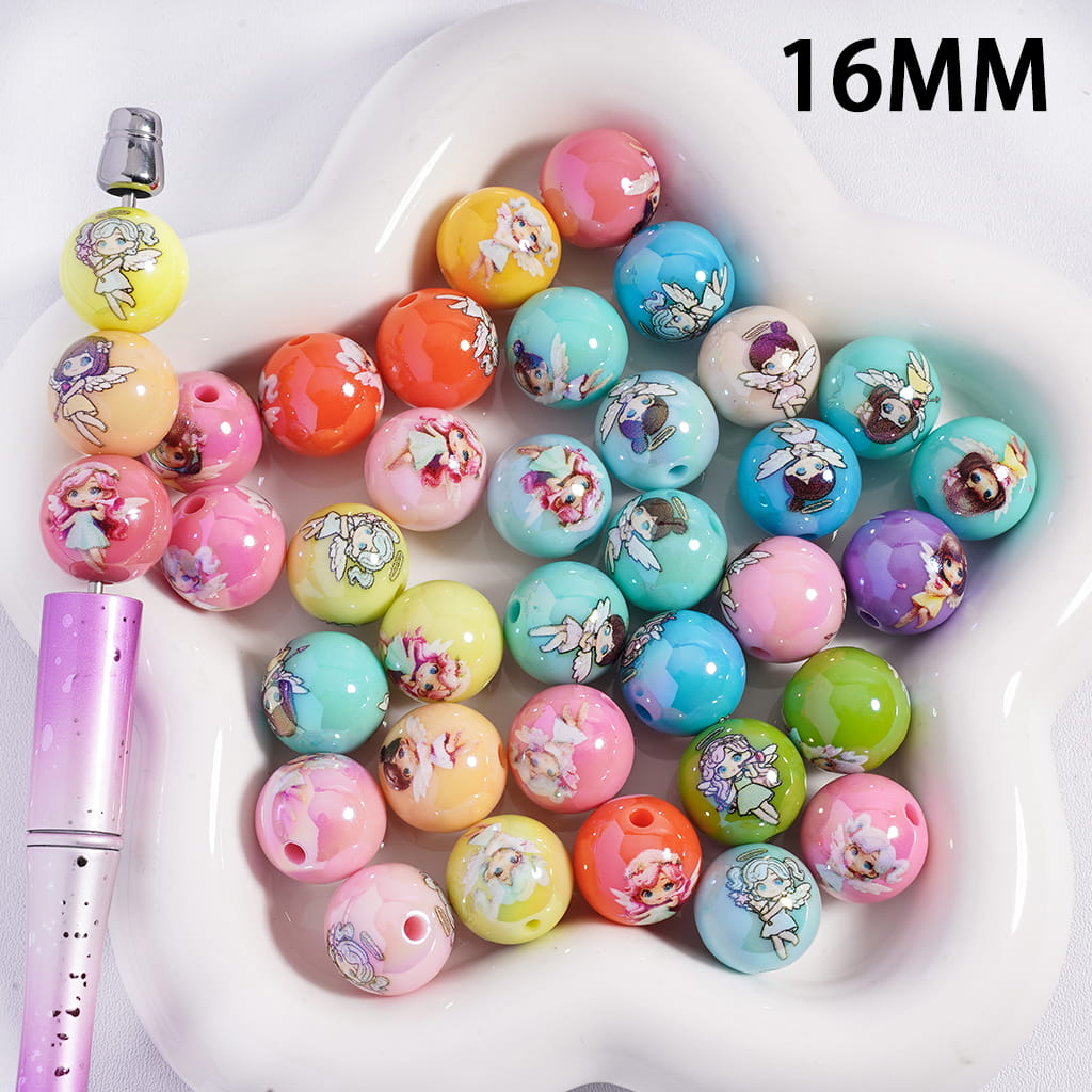 Angel Baby Girl Series Print Multi-Color Round Acrylic Beads for Bracelets 16MM, Random Mix