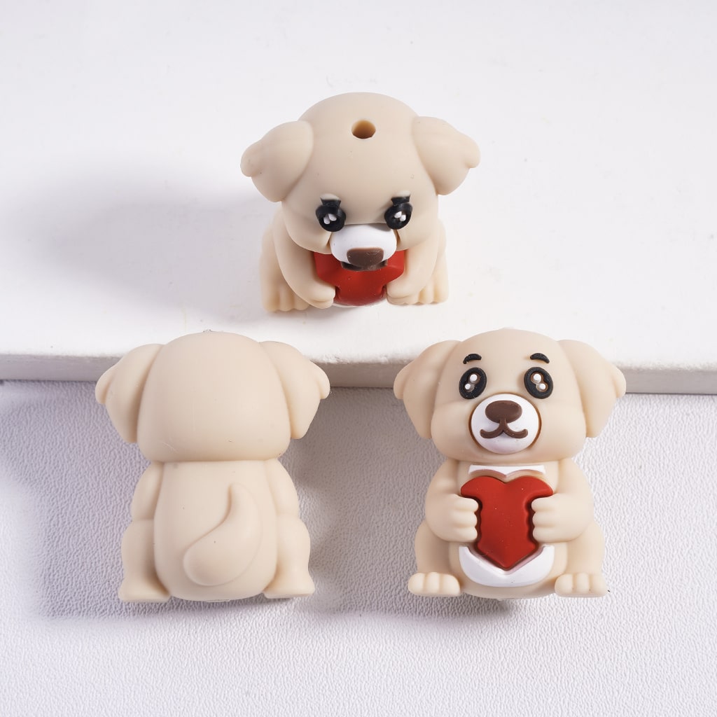 3D Multi‑Color Cute Dog Holding Red Heart Silicone Focal Beads