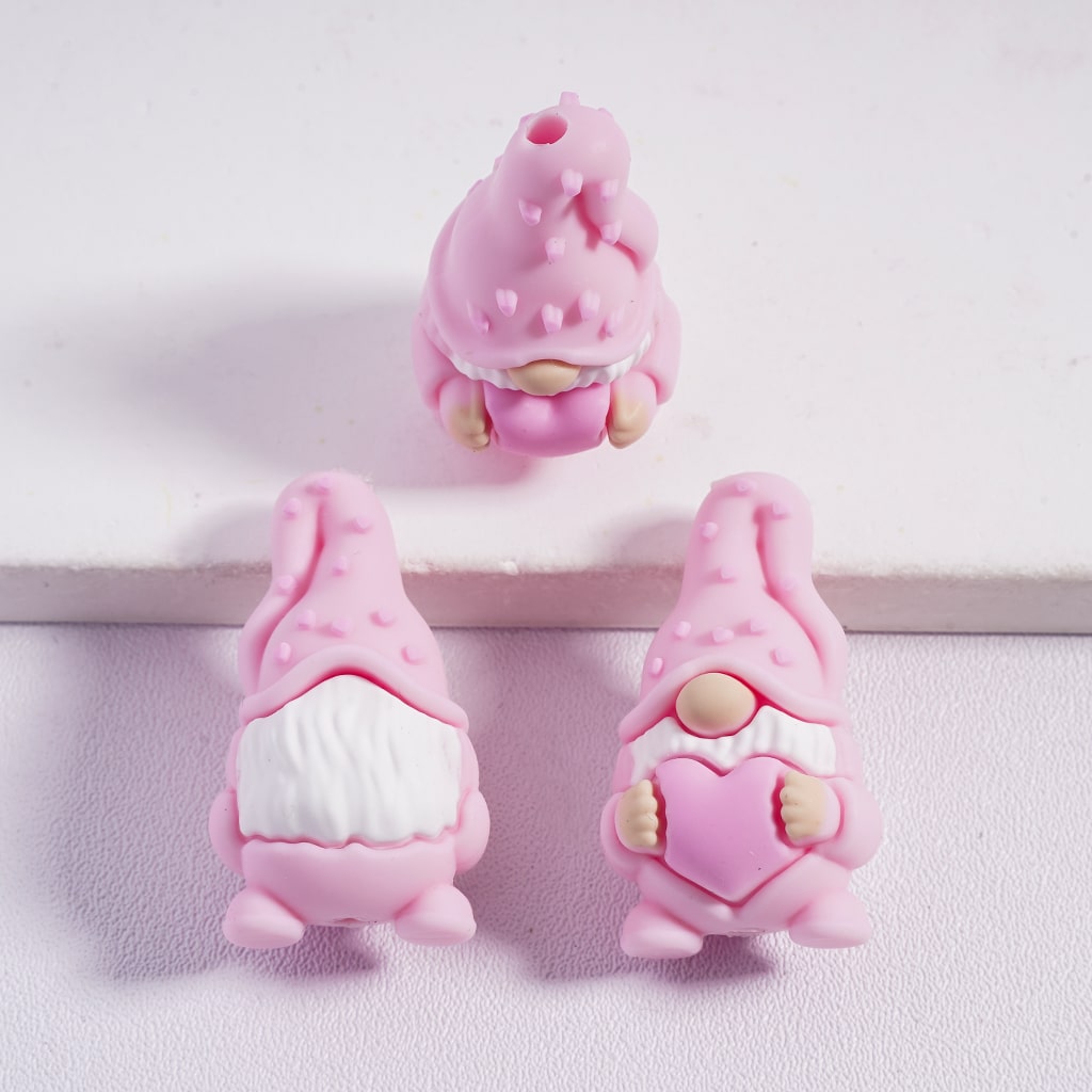 3D Multi Color Cute Gnome Elf Holding Pink Heart Silicone Focal Beads