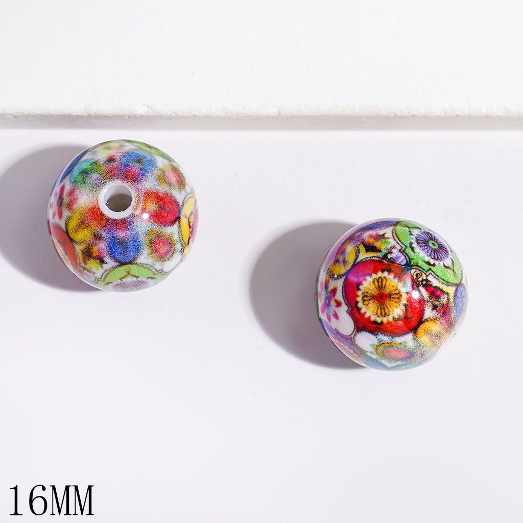 UV-Coated Multicolored Mosaic Flower Ethnic Printed Round Acrylic Beads for Bracelets, 16MM