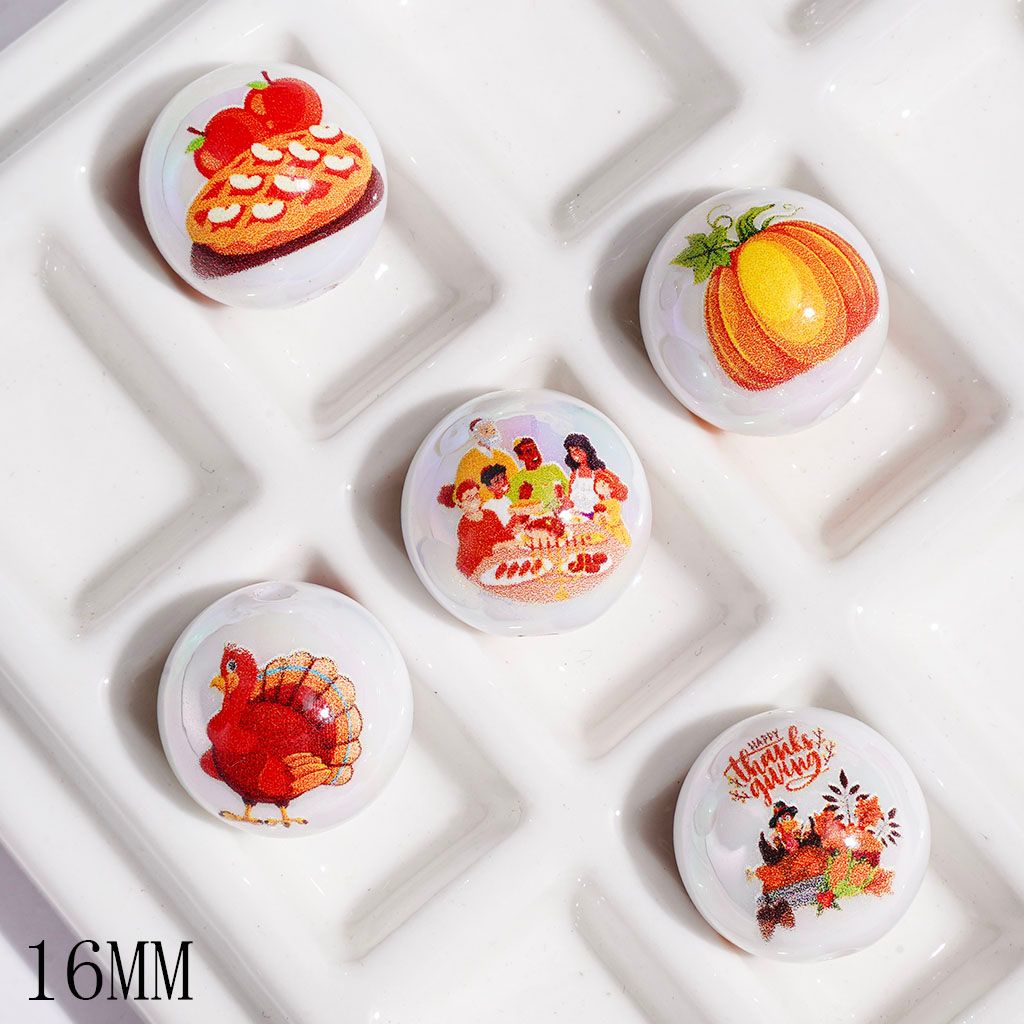 UV-Coated Festive Thanksgiving Turkey, Pumpkin, Poultry & Pizza Series Printed Round Acrylic Beads, 16MM, Random Mix