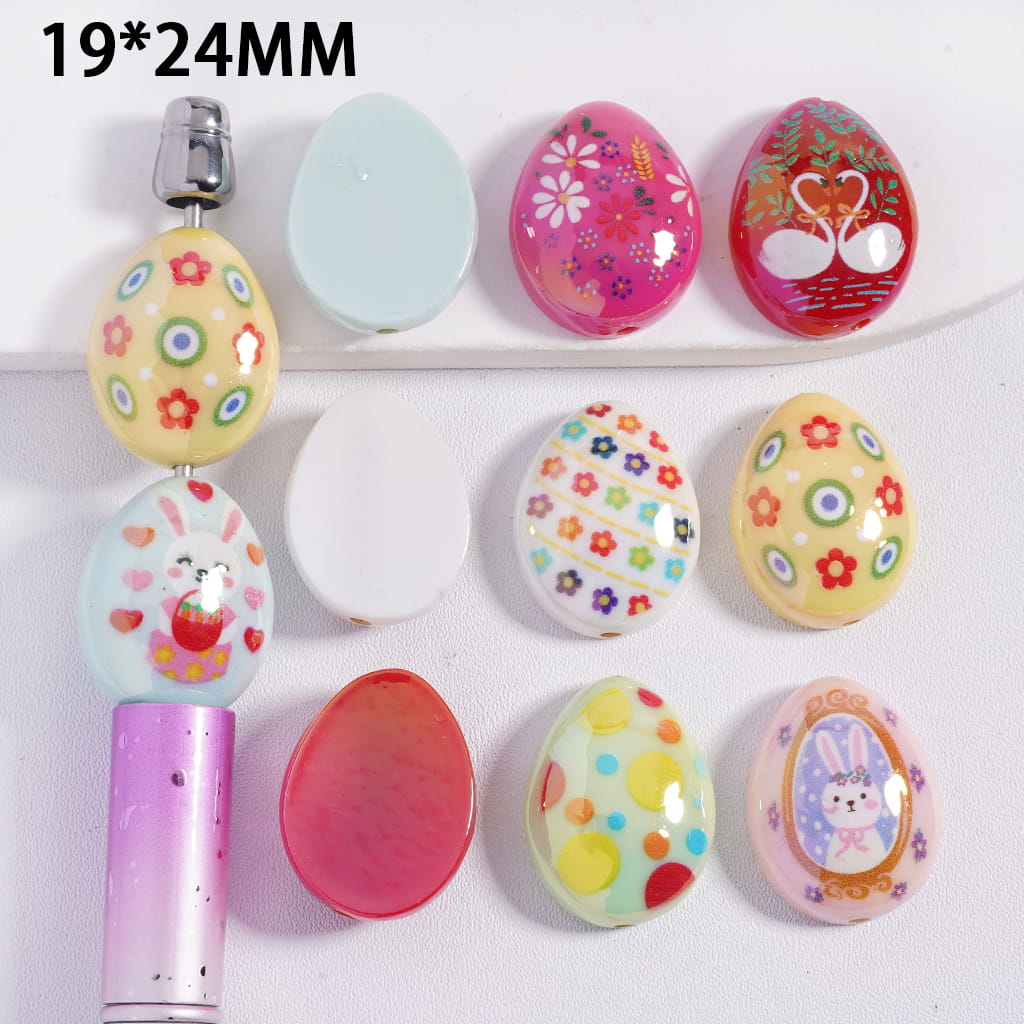 Acrylic Beads Egg Shape with Flowers Bunny Swan Polka Dots Easter Theme, 19*24MM, Random Mix