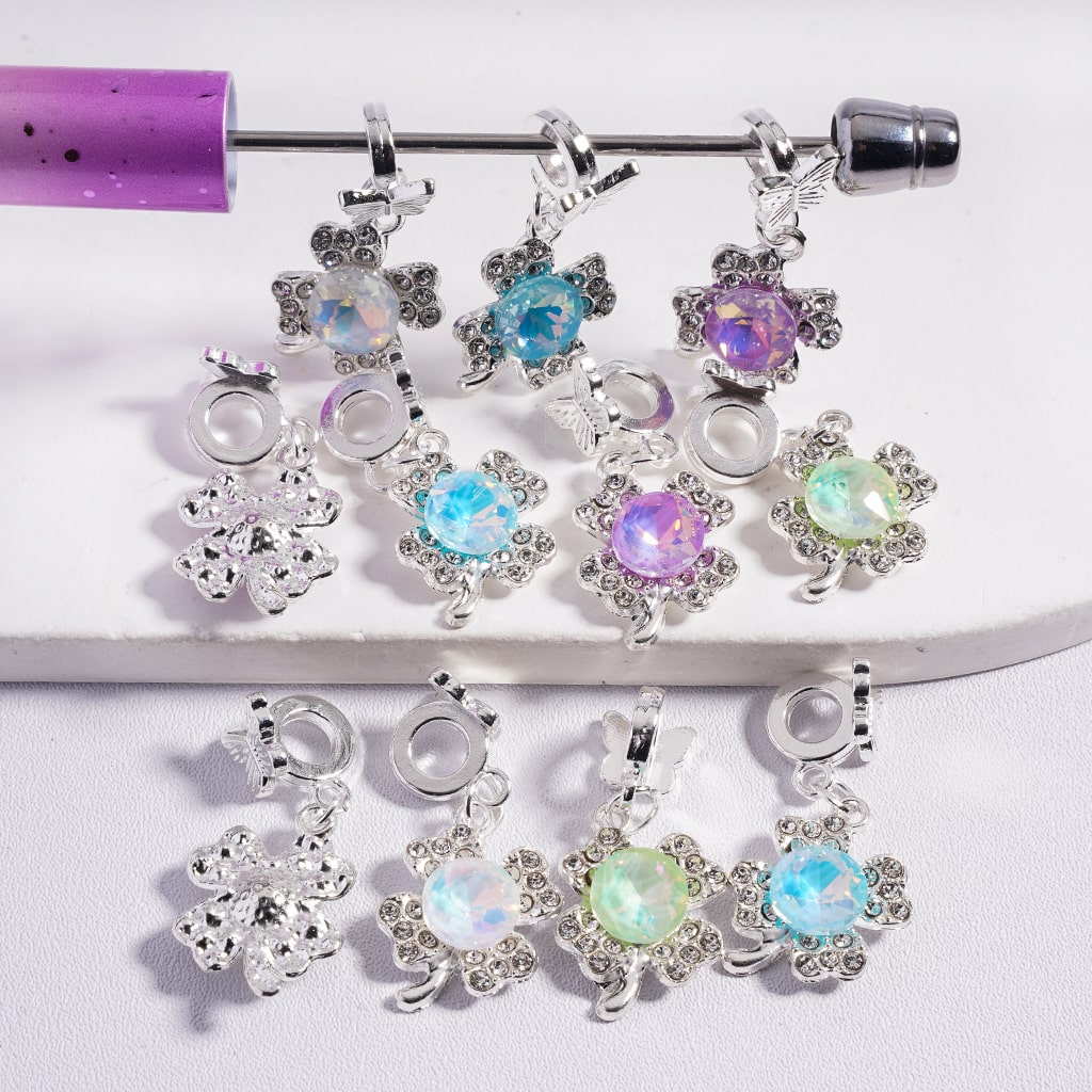 Lucky Butterfly & Clover Multi‑Color Round Shape Rhinestone Silver Alloy Bail Beads Random Mix