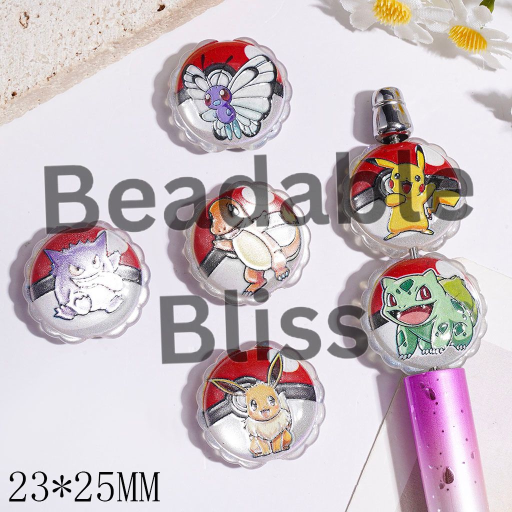 Small Monster Character Series Acrylic Beads, Wavy Edged Flat Round Shape, 23*25MM Random Mix