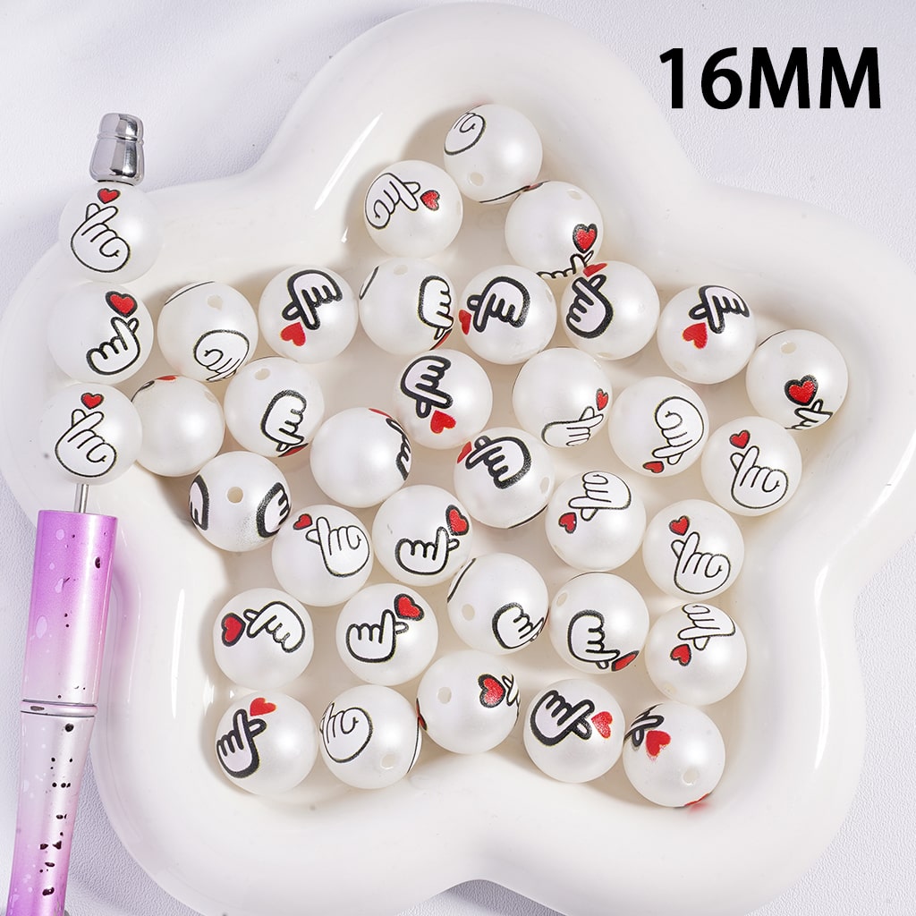 Valentine's Day Theme with Heart-Hand Gesture Pattern Print Acrylic Beads for Bracelets 16MM