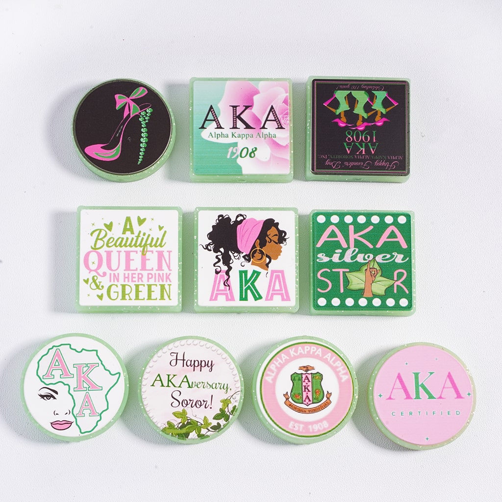 Alpha Kappa Alpha Theme with Silver Glitter Flat & Square Shape Silicone Focal Beads Random Mix