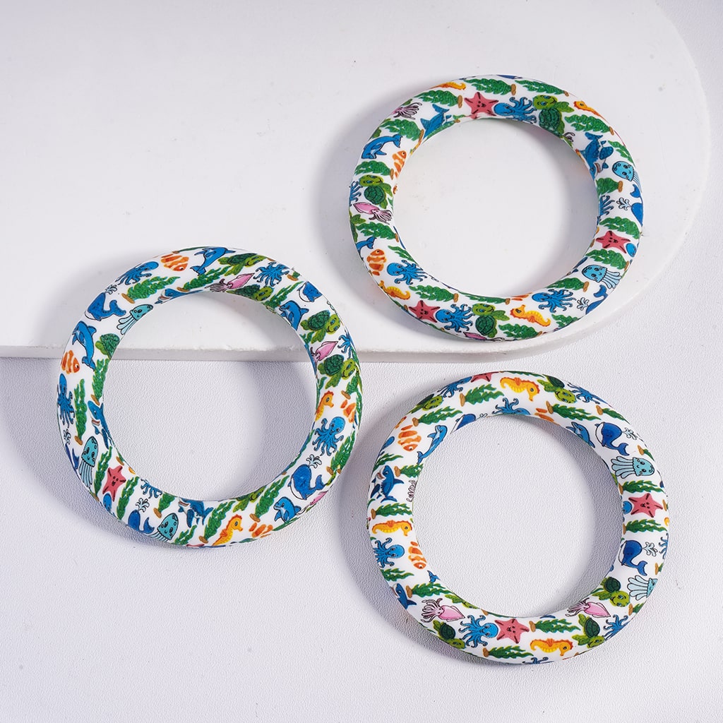 Soft Round Ring Fram with Marine Organism Series Prints, Silicone Focal Beads 65MM