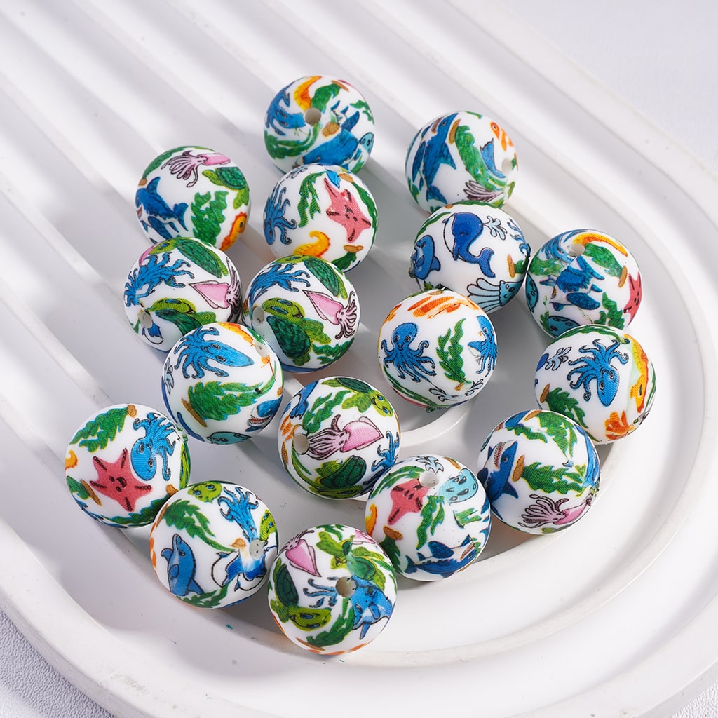 Marine Organism Series Prints, Soft Round Printed Silicone Beads 15MM