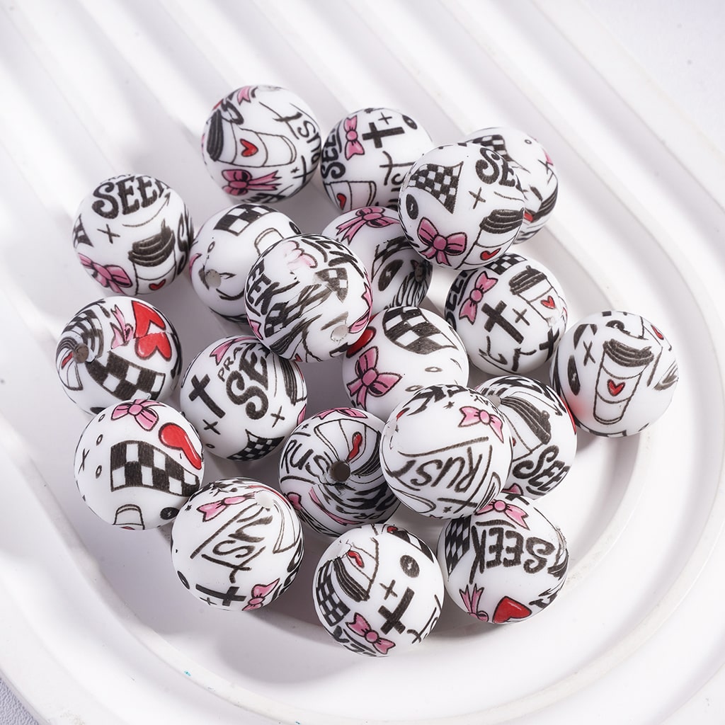 Bowtie Cross Coffee Heart Prints, with Text "PRAY & FAITH & SEEK", Soft Round Printed Silicone Beads