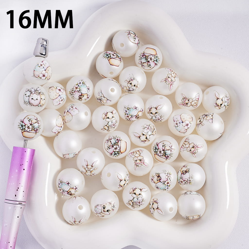Bunny & Egg & Flower Basket Spring Easter Series Print Round Acrylic Beads for Bracelets 16MM, Random Mix
