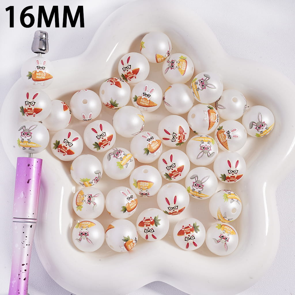 Cool Rabbit Wearing Black Glasses and Holding Carrot Easter Series Print Round Acrylic Beads for Bracelets 16MM, Random Mix