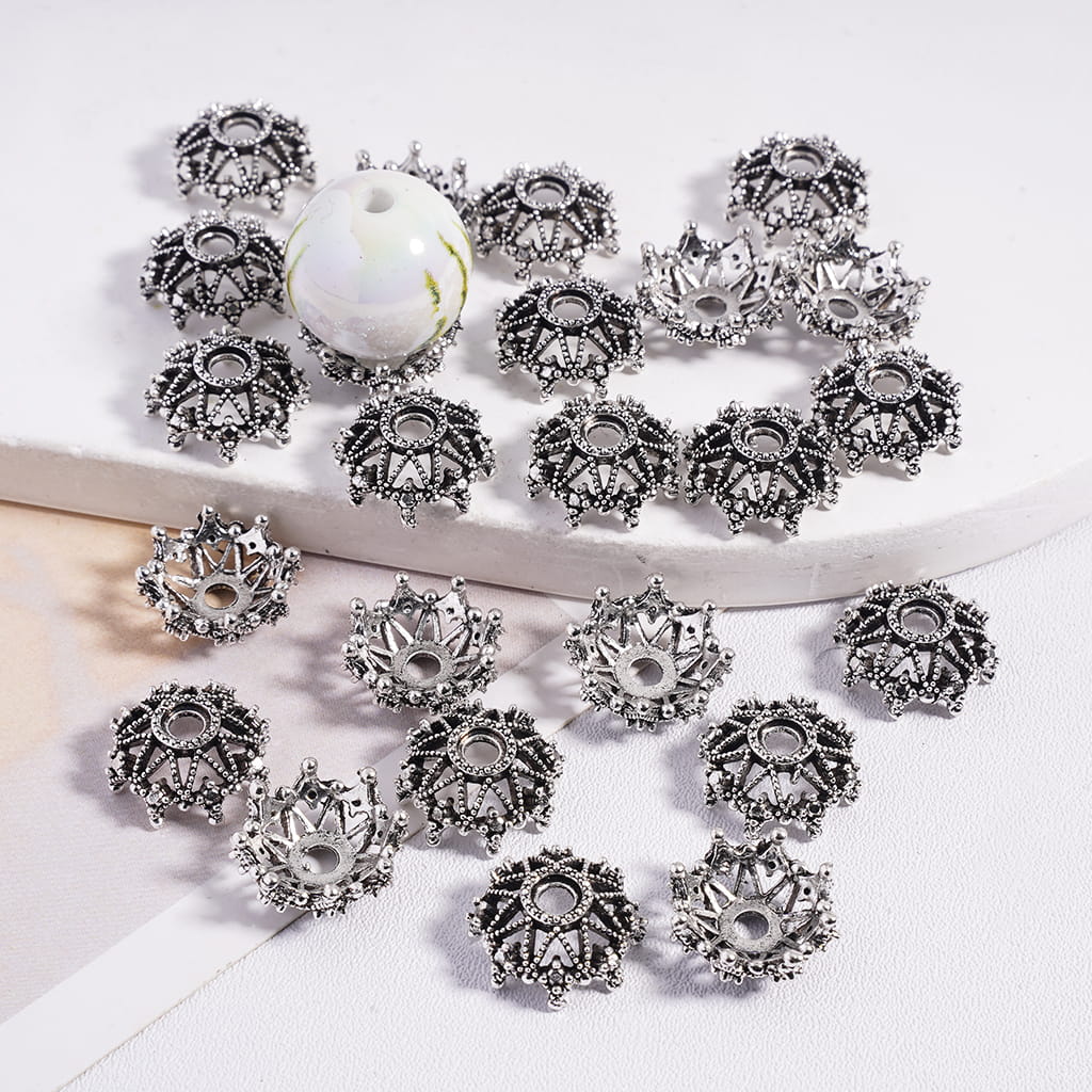 Gun Black Flower Bead Cages with Alloy Caps (Fits 12mm Beads)