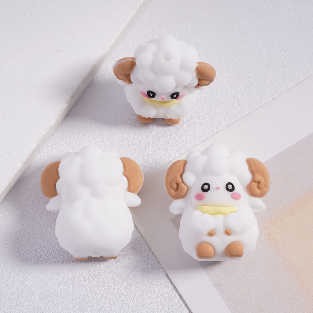 3D White Cub Sheep Silicone Focal Beads with Yellow Bib