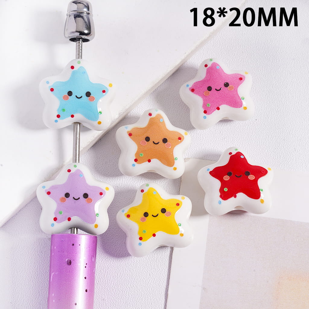 Five-Pointed Star with Smiling Expression Emoji & Dots Print Acrylic Beads 18*20MM, Random Mix