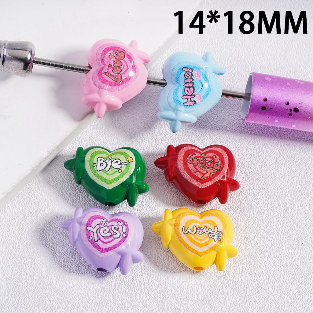 Heart Shape Acrylic Beads with Text Love, Hello, Good, Byy Size 14*18MM, Random Mix