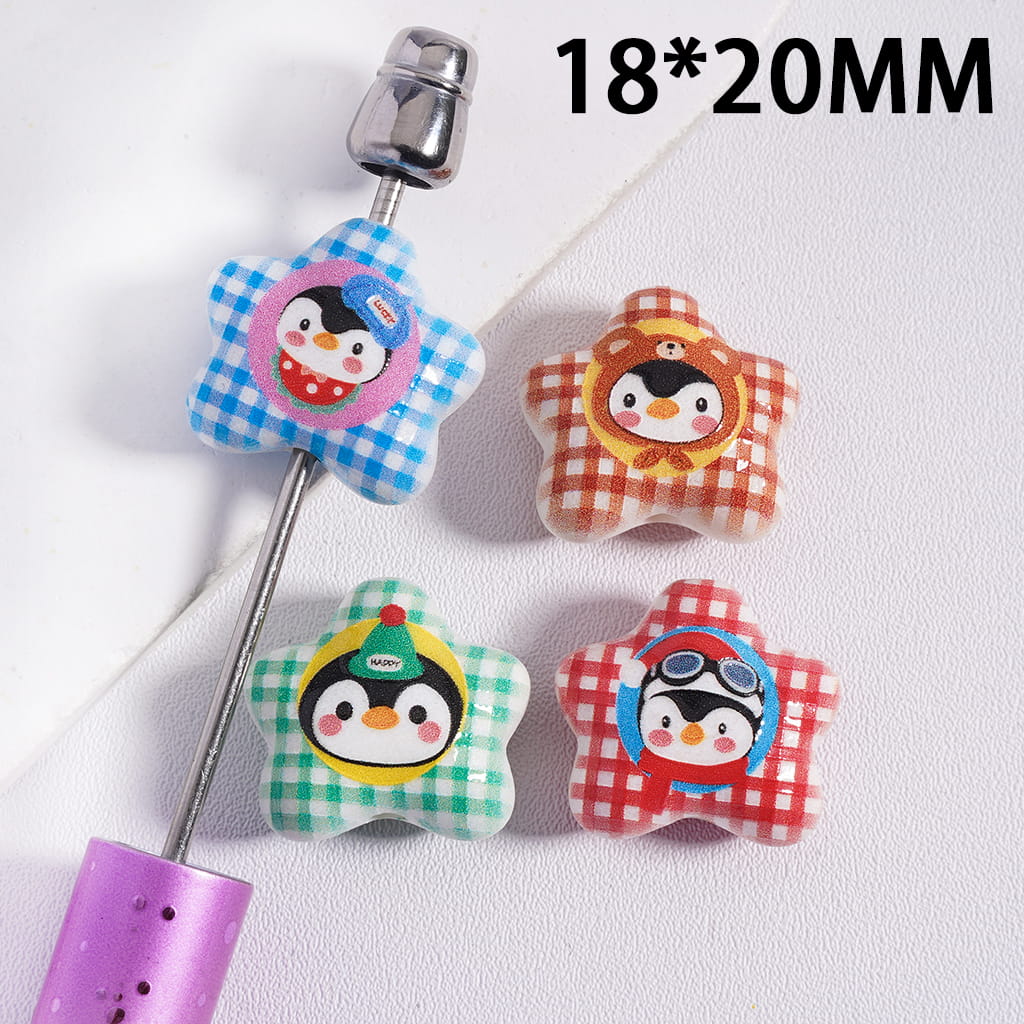 Five-Pointed Star with Checkered and Penguin Patterns Print Acrylic Beads 18*20MM Random Mix