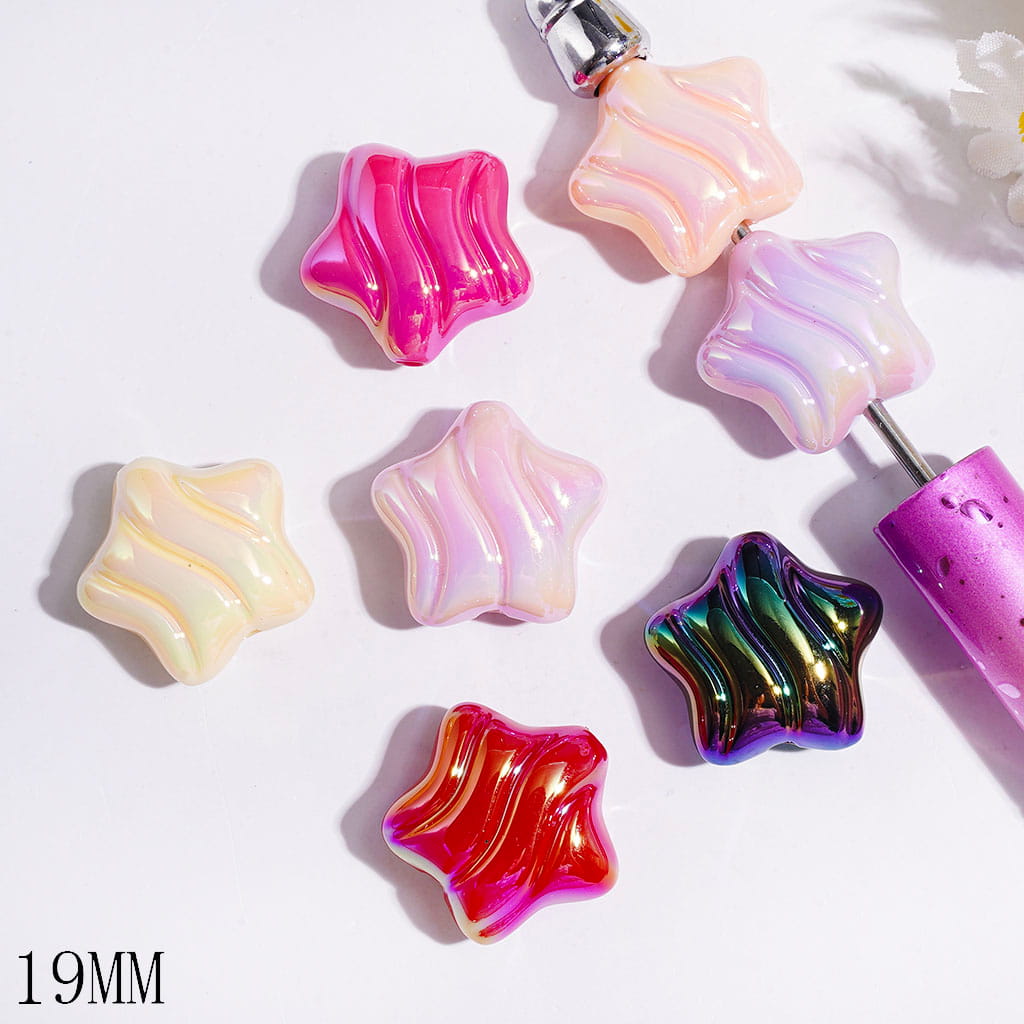 19MM Acrylic Beads UV Finish Star with Wavy Lines, Solid Colors, Random Mix