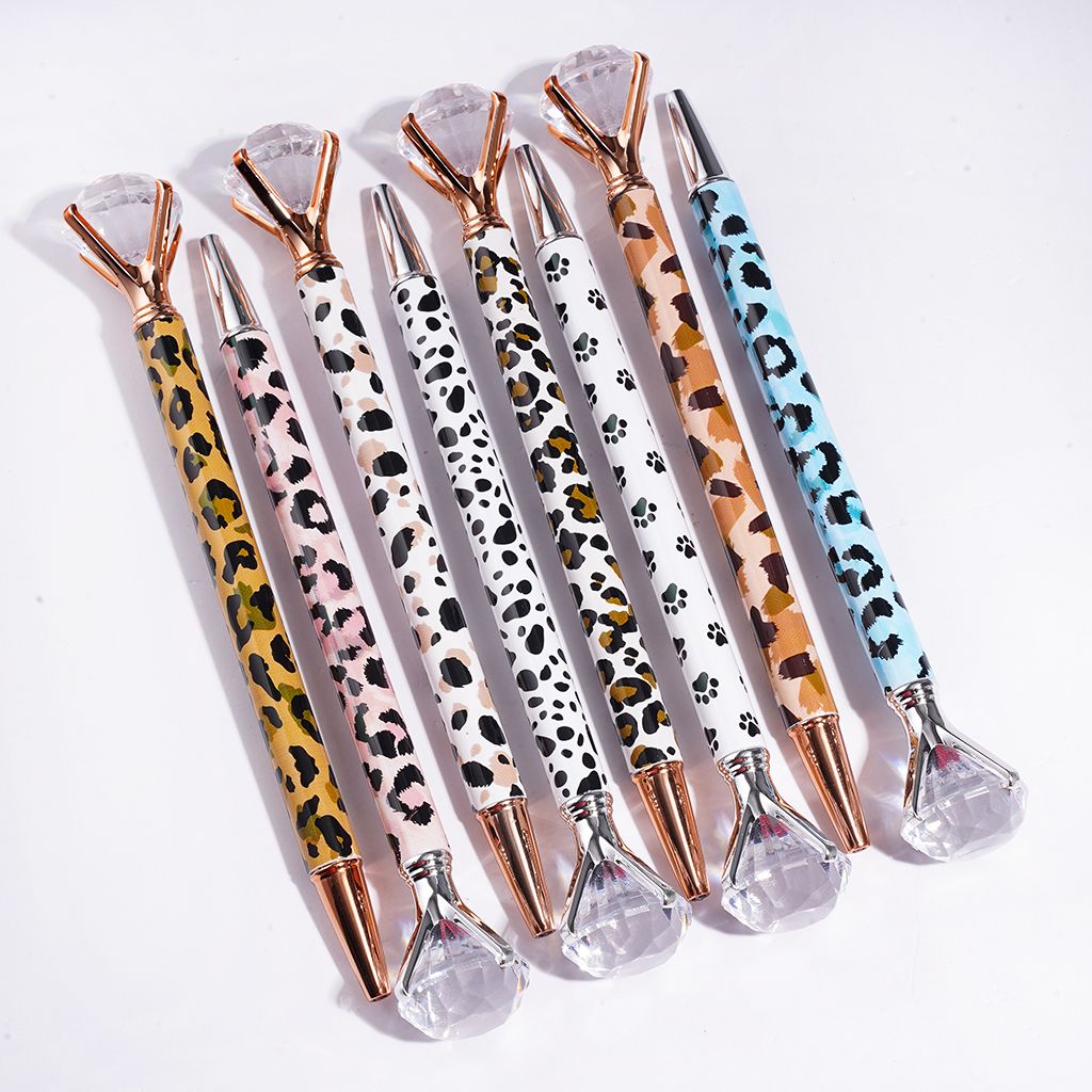 Clear Diamond Topped Beadable Pens, Leopard Dog Paw Spotted Camouflage Patterns, Silver and Rose Gold, Random Mix