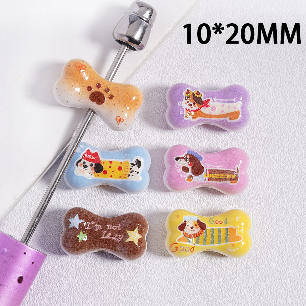 Bone Charm on Multi-Color, Dog Print Acrylic Beads 10*20MM, Random Mix