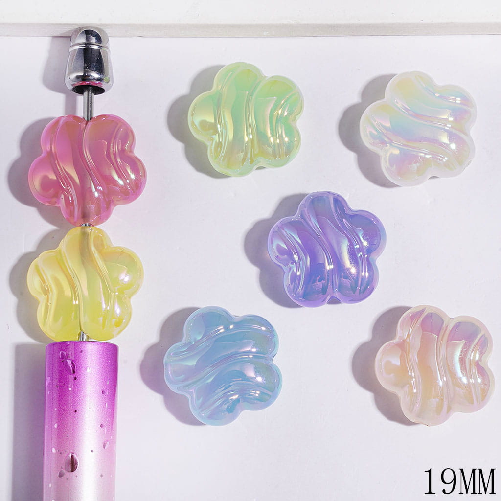 Acrylic Beads UV-Coated Five-Petaled Flower with Wavy Lines, 19MM, Semi-Clear Jelly Colors, Random Mix