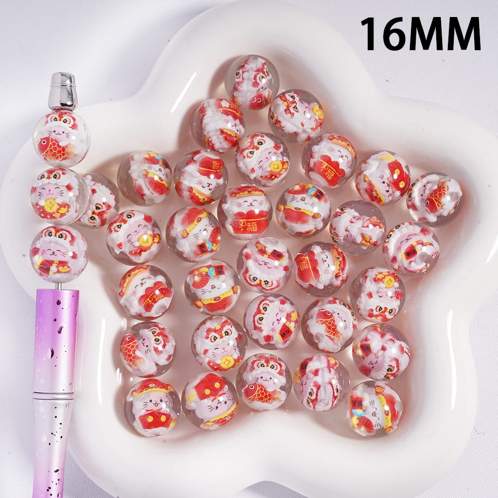 Two Cute Fortune-Beckoning Cat Series Print Semi-Clear Round Acrylic Beads for Bracelets 16MM, Random Mix