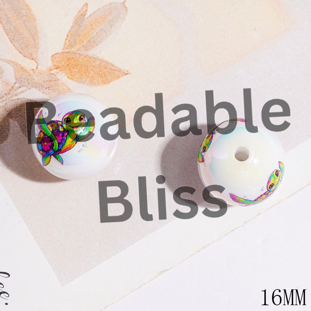 UV-Coated Acrylic Beads for Bracelets Hawksbill Turtle Back with Colorful Flower, 16MM