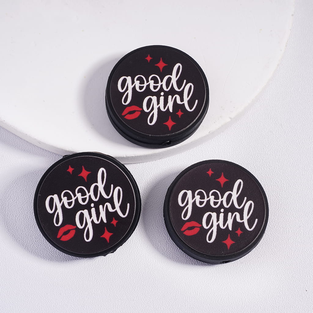 Flat Round Shape Silicone Focal Beads with White Text "good girl" and Red Star Lip,
