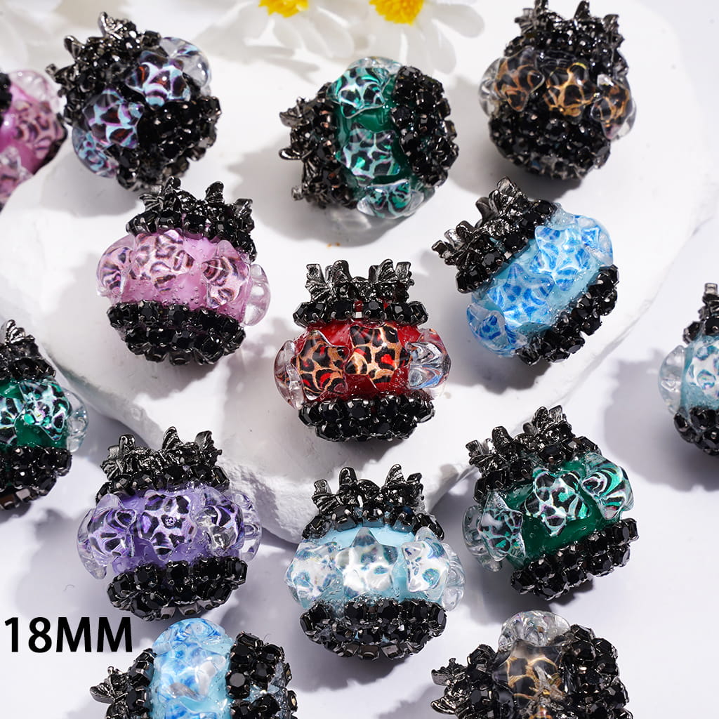 Hand-Made Acrylic Beads w Leopard Print Pentagram Rhinestone, Black Crystal Chain & Metal Butterfly, 18MM, Random Mix