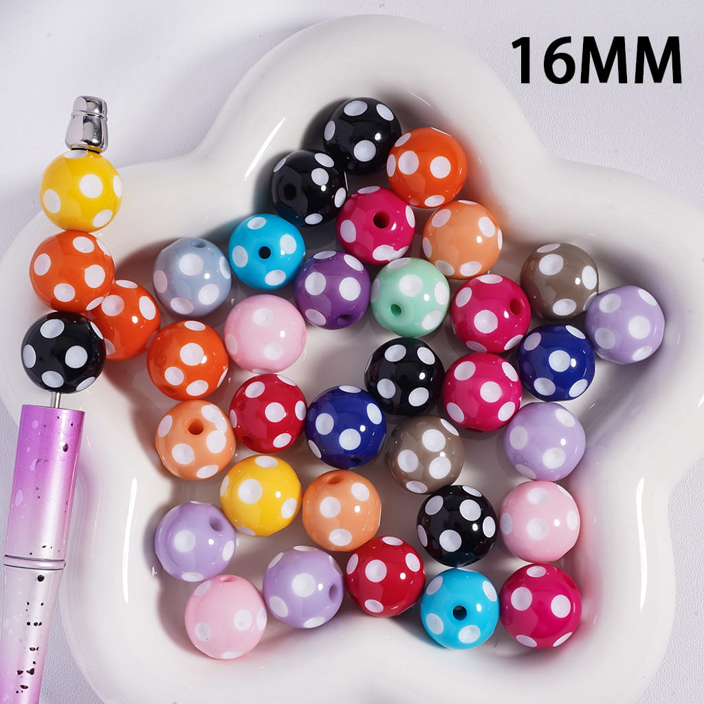 Concavo‑Convex White Polka Dot Multi‑Color Round Acrylic Beads 16MM Random Mix
