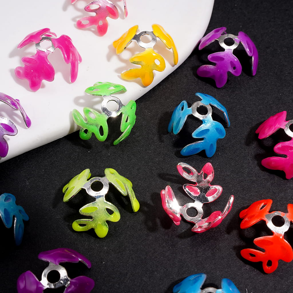 Alloy Bead Cages with Fluorescent Leaf, Bead Caps in Solid Color, Random Mix (They Fit 16MM Beads)