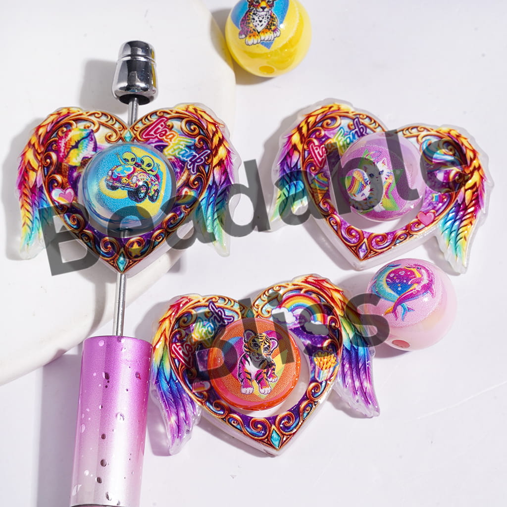 Brightly Colored Animal Printed Acrylic Beads, Hollowed Heart with Angel Wings and Round Beads, Random Mix (Please Read Description)